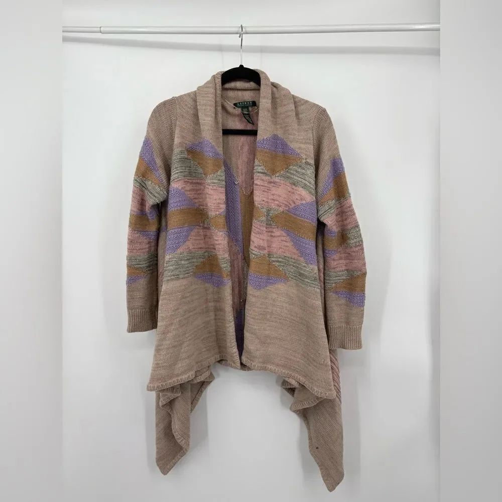 LAUREN RALPH LAUREN Long Shawl Cardigan Sweater Pastel Aztec Southwest S/M